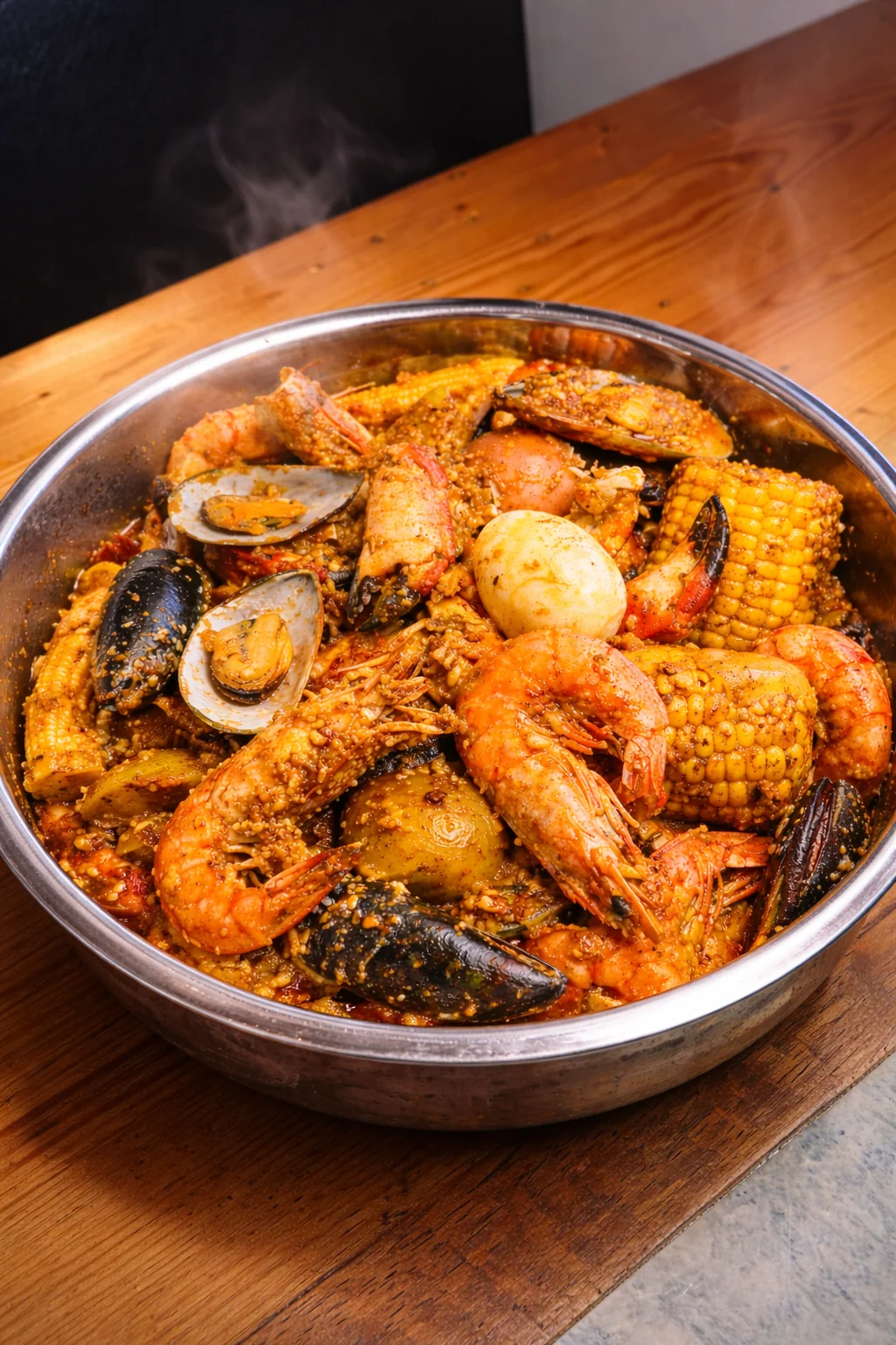 Seafood boil : crevettes, moules, palourdes, maïs, pommes de terre
